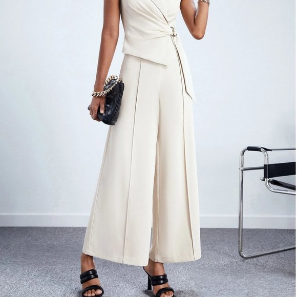 Beige Elegant Womens Lapel Neck Belted Wide Leg Jumpsuit - Picture 4 of 7